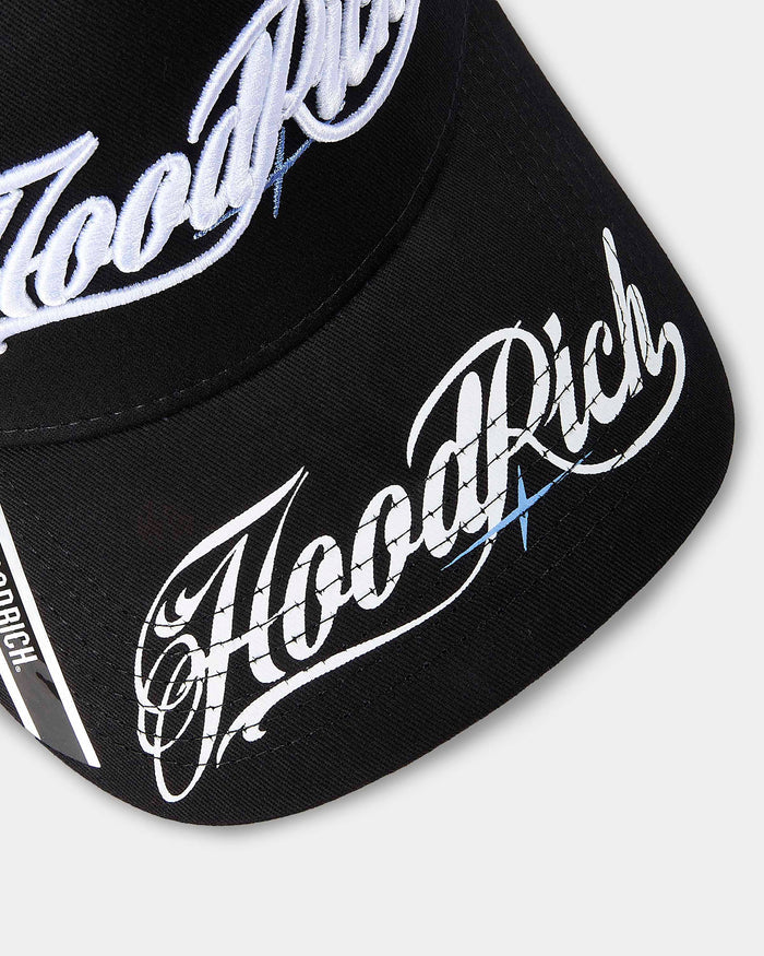 Black cap with 'Hood Rich' branding on a white background