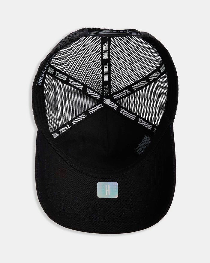 Black cap with mesh back and logo on a white background