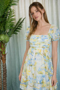 LEMON PRINT PLEATED SHORT PUFF SLEEVE MINI DRESS blue pepper