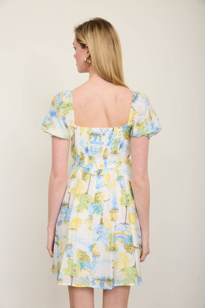 LEMON PRINT PLEATED SHORT PUFF SLEEVE MINI DRESS blue pepper