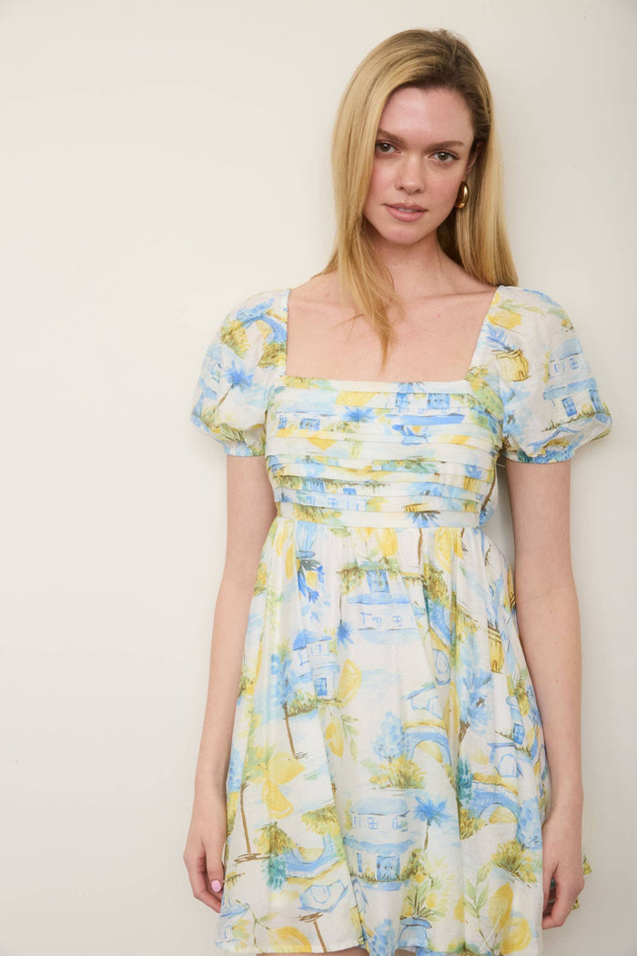 LEMON PRINT PLEATED SHORT PUFF SLEEVE MINI DRESS blue pepper