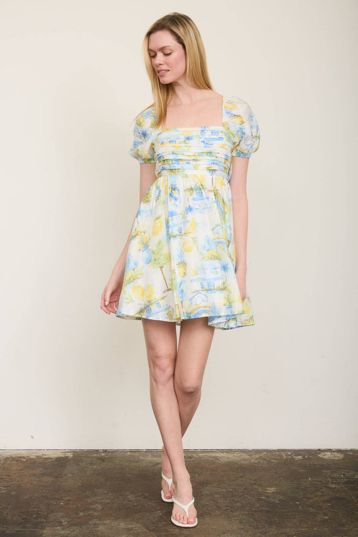 LEMON PRINT PLEATED SHORT PUFF SLEEVE MINI DRESS blue pepper