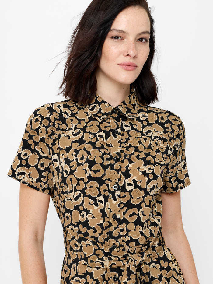 Leopard Print Belted Midi Shirt Dress