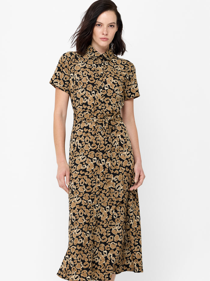 Leopard Print Belted Midi Shirt Dress
