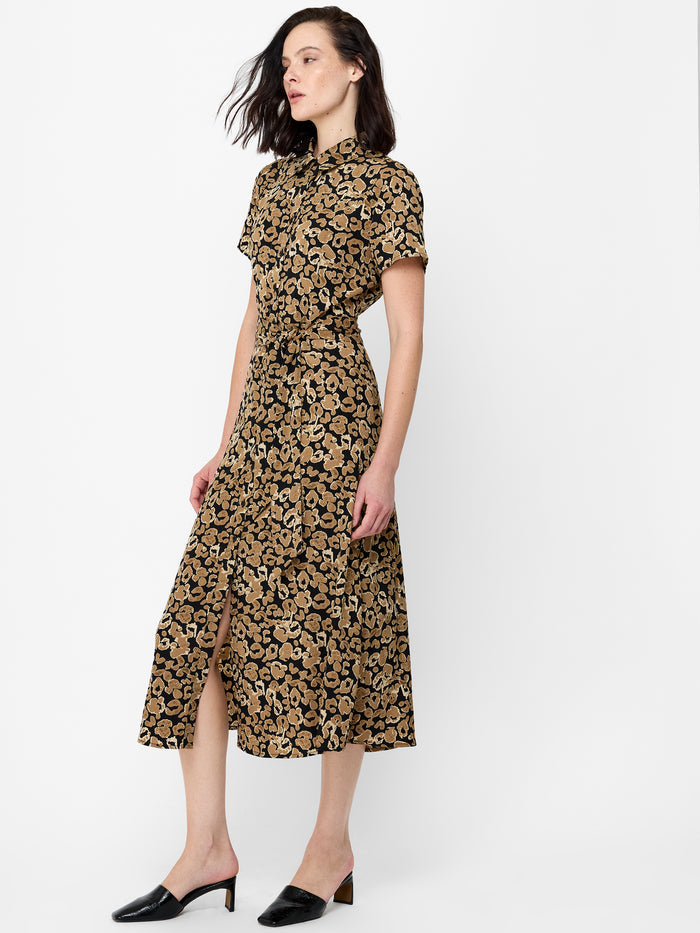 Leopard Print Belted Midi Shirt Dress