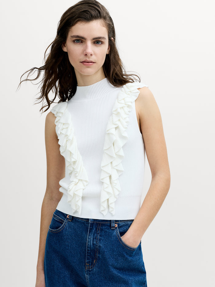 Lia White Sleeveless Ruffled Knit Top