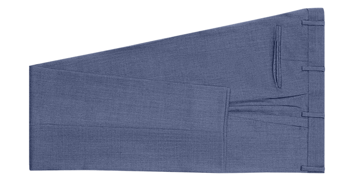 Light blue suit trousers laid flat, folded, on white background
