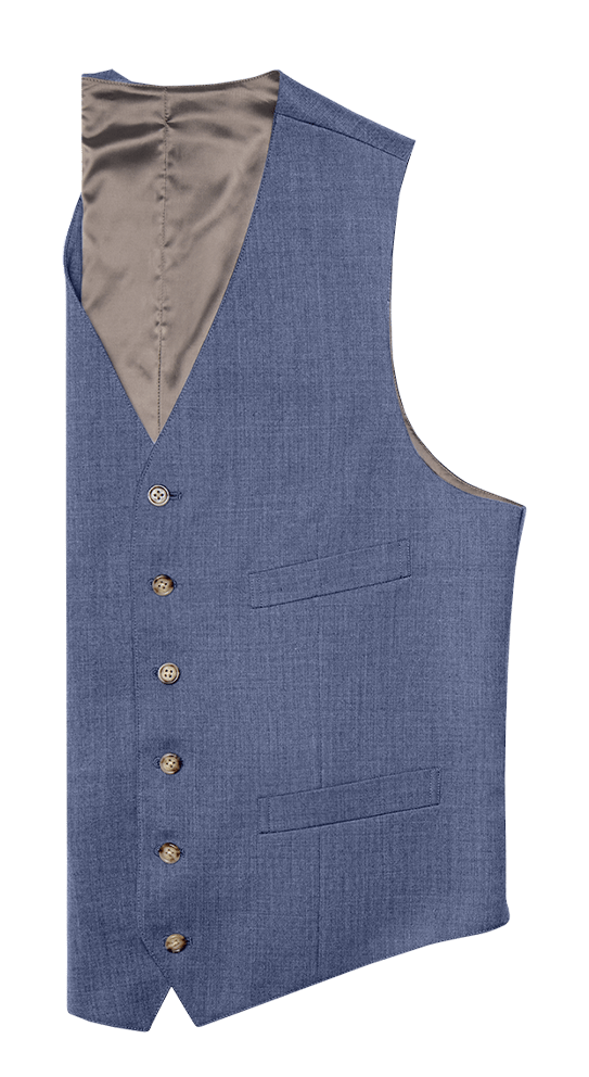 Light blue suit vest side profile, buttons and welt pockets, satin lining visible