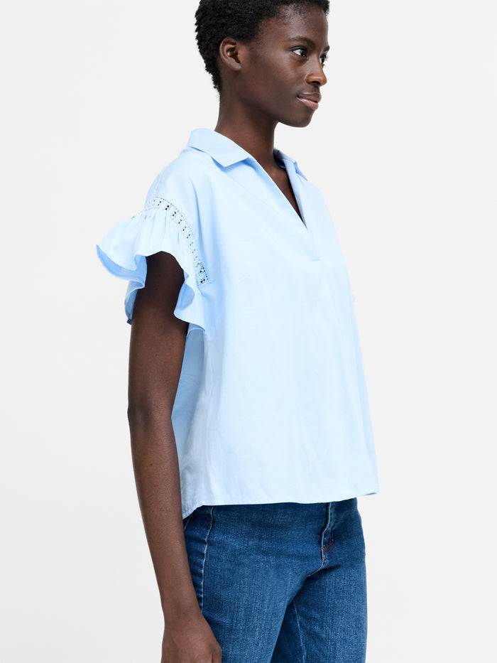 Light Blue Trim Detail Flutter Sleeve Popover Shirt