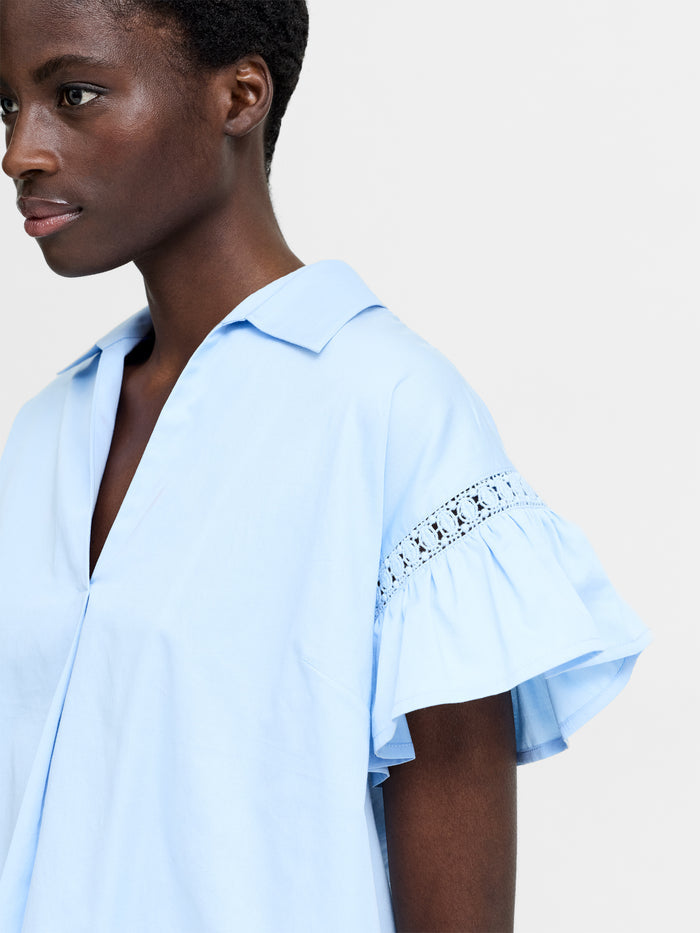 Light Blue Trim Detail Flutter Sleeve Popover Shirt