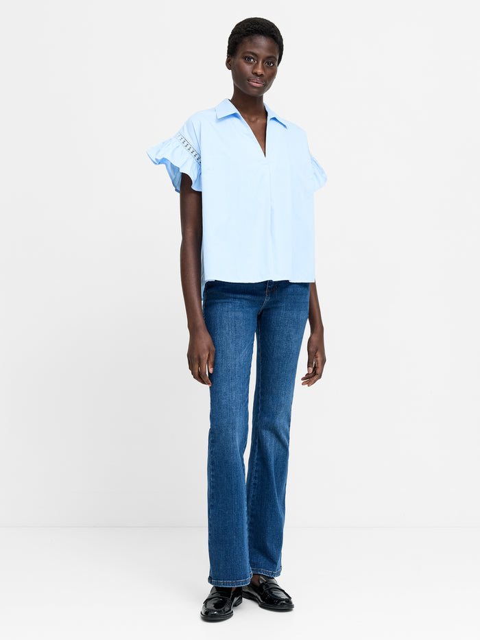 Light Blue Trim Detail Flutter Sleeve Popover Shirt