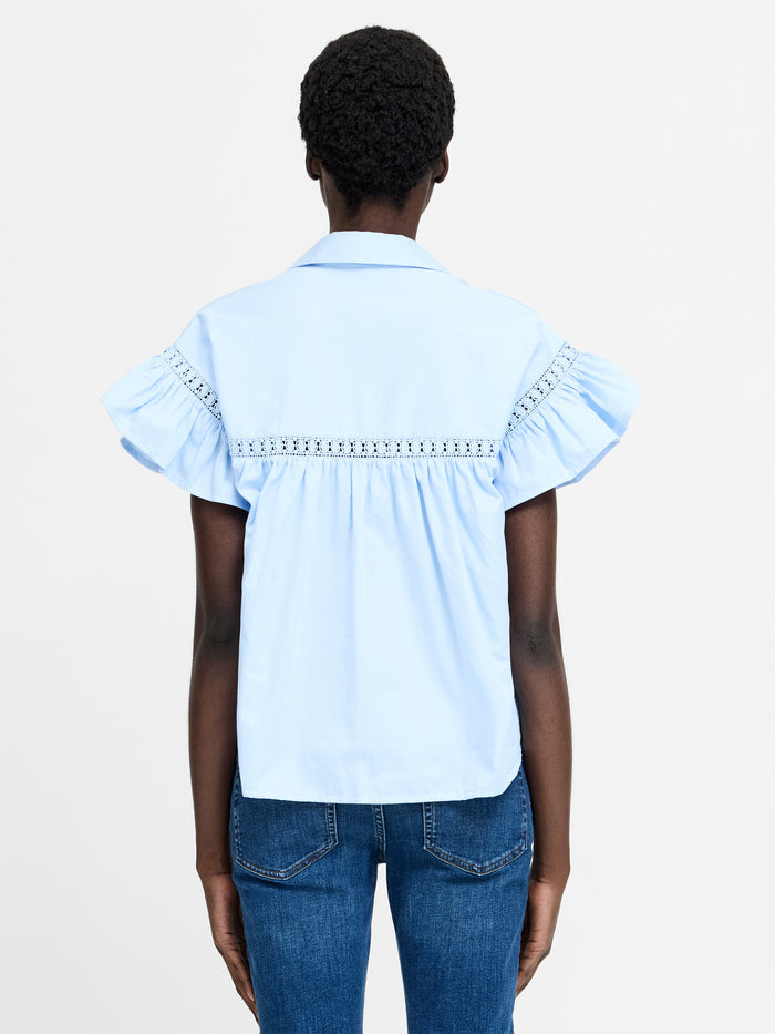 Light Blue Trim Detail Flutter Sleeve Popover Shirt