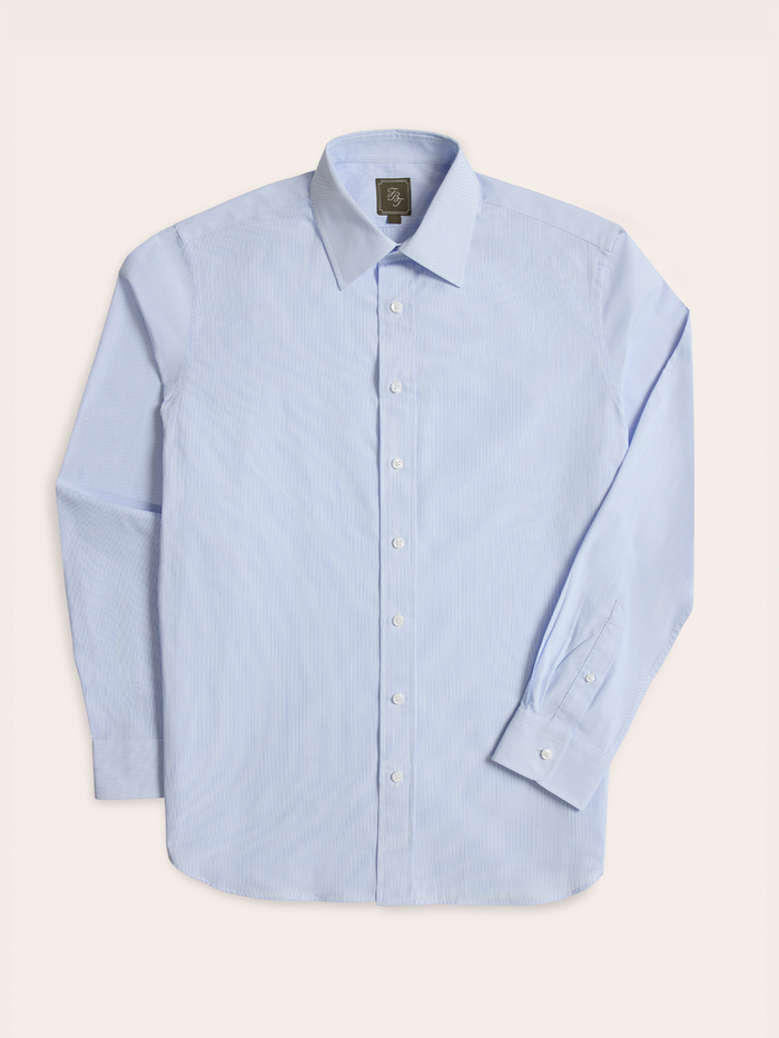 Light blue and white striped dress shirt flat lay, front view with spread collar