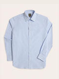 Light blue and white striped dress shirt flat lay, front view with spread collar