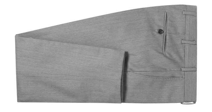 Light grey suit trousers folded flat, side pocket and belt loops visible