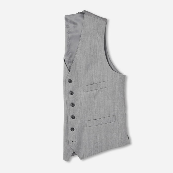 Light grey suit vest side profile, buttons and welt pockets, satin lining visible