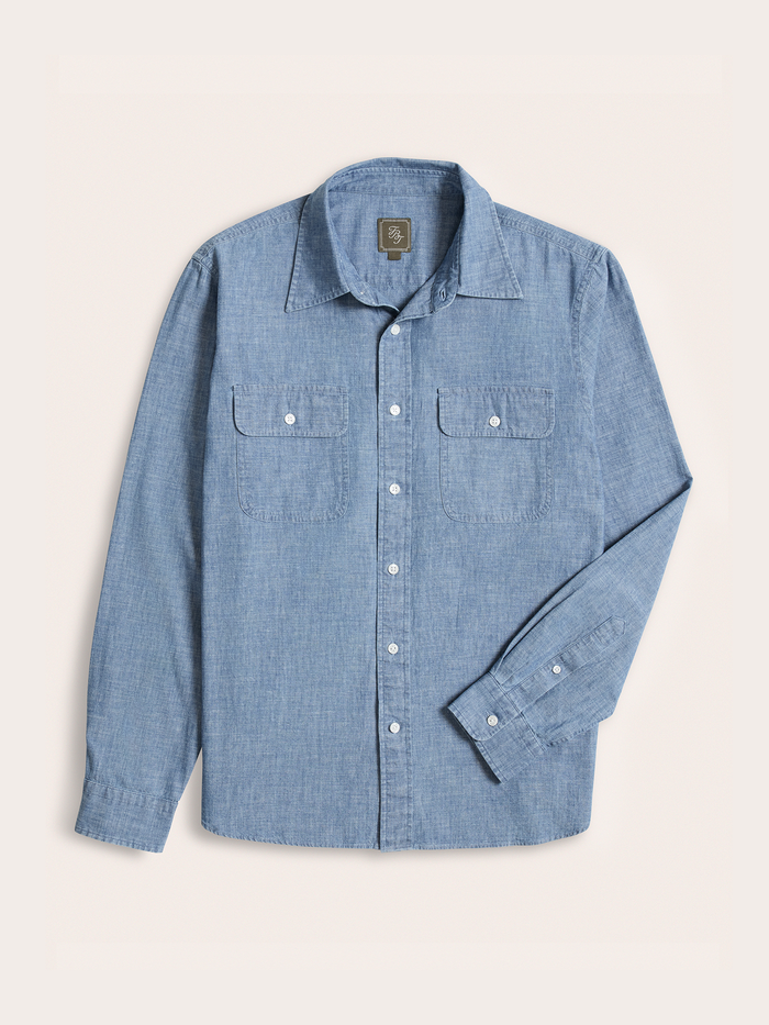 Light wash chambray work shirt flat lay, front view with two chest pockets