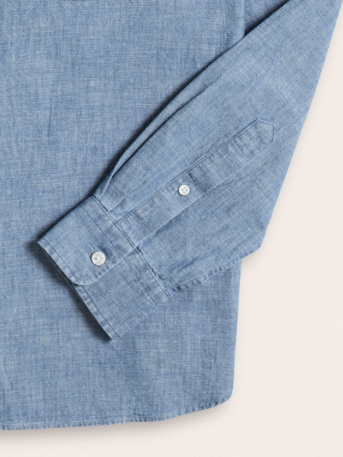 Close-up of light wash chambray work shirt cuff and sleeve placket