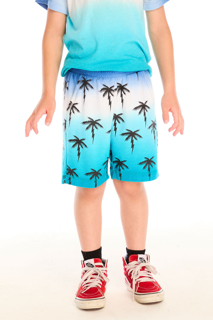 Boy wearing Chaser Kids Lightning Palms Shorts featuring palm tree and lightning bolt print on a blue-to-white ombré base, front view on white background
