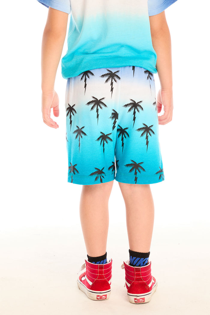 Back view of boy wearing Chaser Kids Lightning Palms Shorts in blue ombré with black palm and lightning graphic, white background
