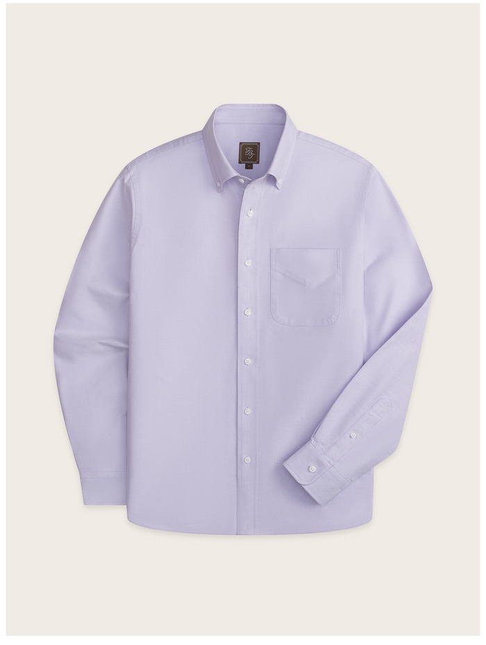 Lilac oxford shirt flat lay, front view with chest pocket and button-down collar