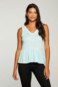 Linen Jersey Ruffle Peplum Double V Tank WOMENS - chaserbrand