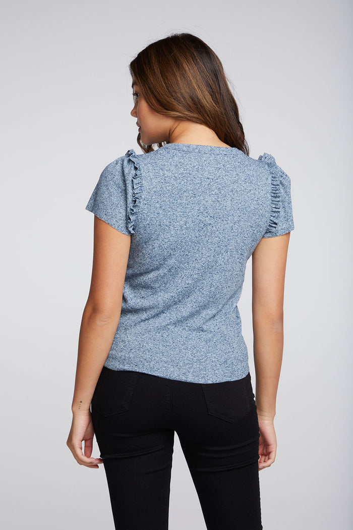 Linen Rib Raw Edge Ruffle Puff Sleeve Tee WOMENS chaserbrand