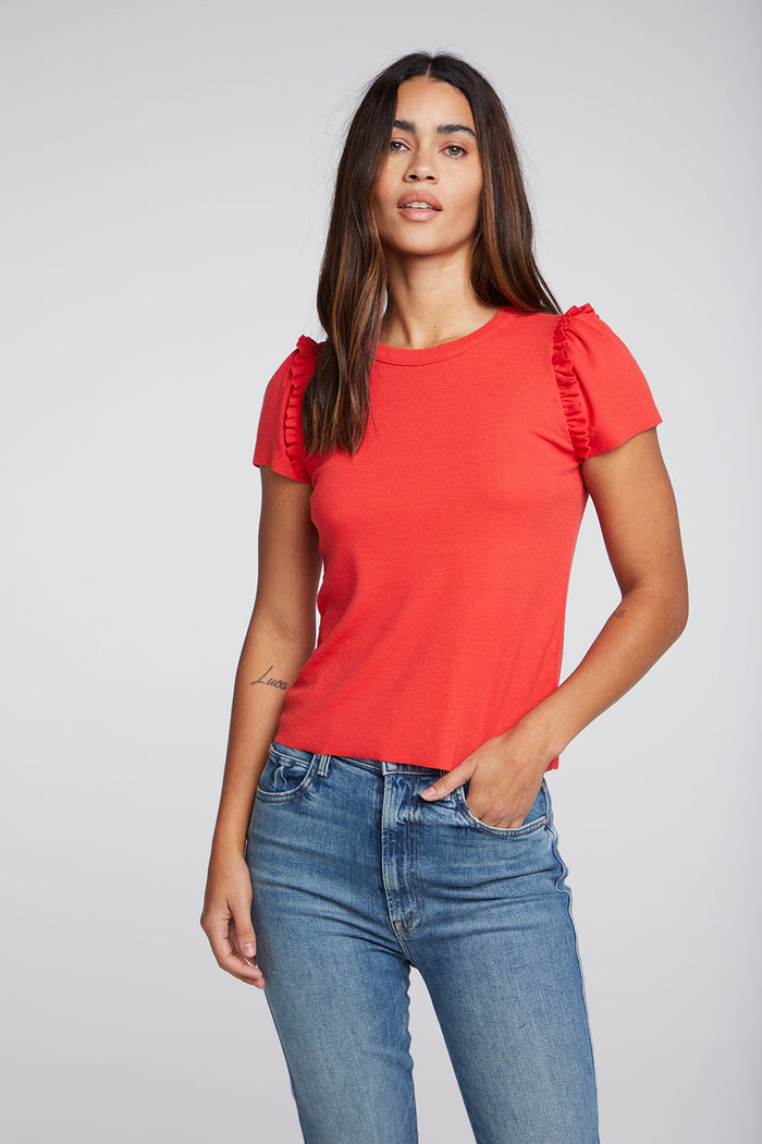 Linen Rib Raw Edge Ruffle Puff Sleeve Tee WOMENS chaserbrand