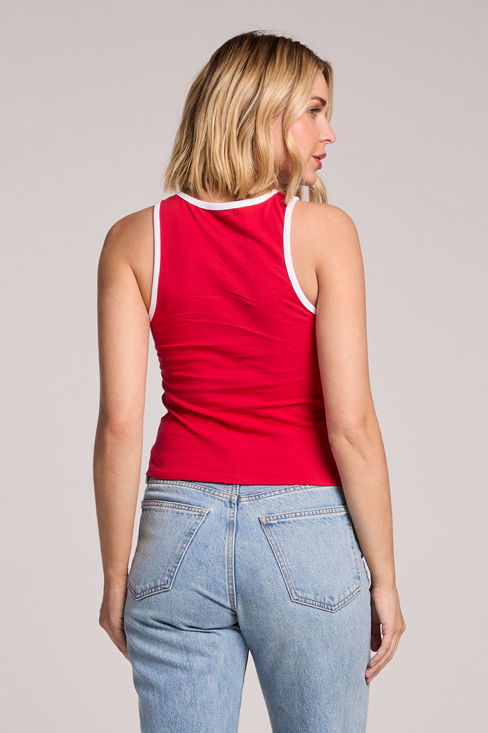 A back view of a woman wearing the Chaser Lisbon Cardinal Red Tank on a neutral background