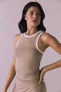 Angled view of Chaser Brand Lisbon Iced Coffee Tank showing fitted silhouette and racer-style cut