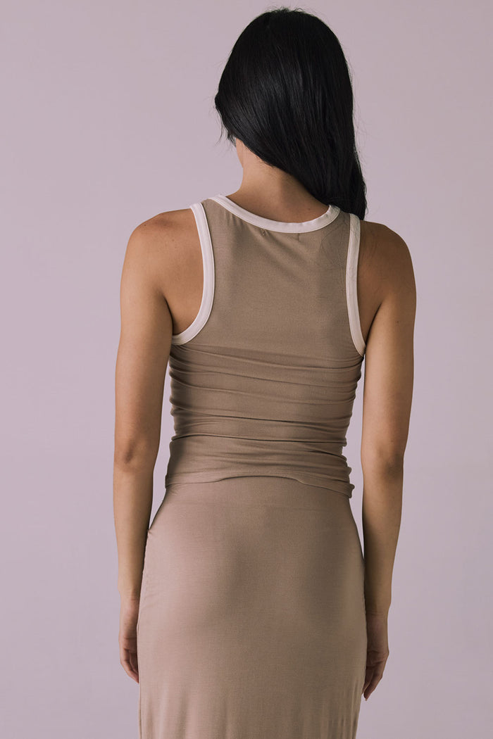 Back view of Chaser Brand Lisbon Iced Coffee Tank highlighting smooth stretch finish and contrast trim