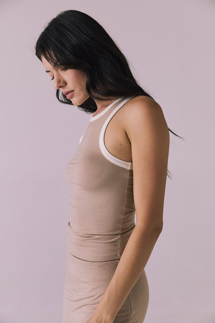 Side view of Chaser Brand Lisbon Iced Coffee Tank showing slim fit and soft ribbed texture