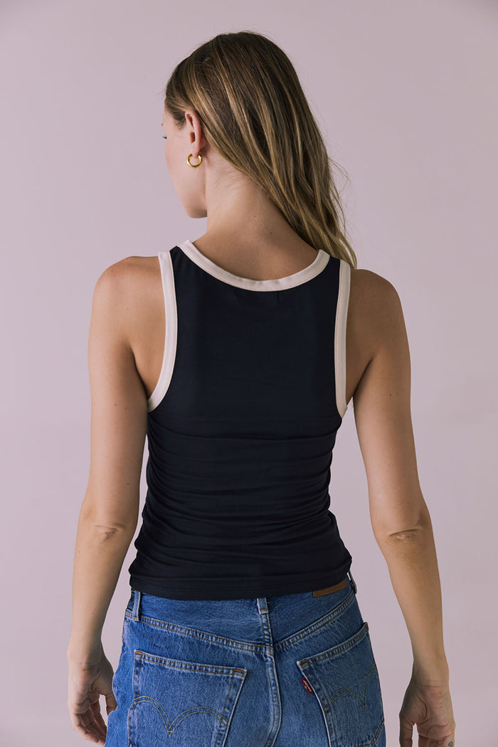 Back view of Chaser Brand Lisbon Licorice Tank highlighting clean seams and contrast neckline trim