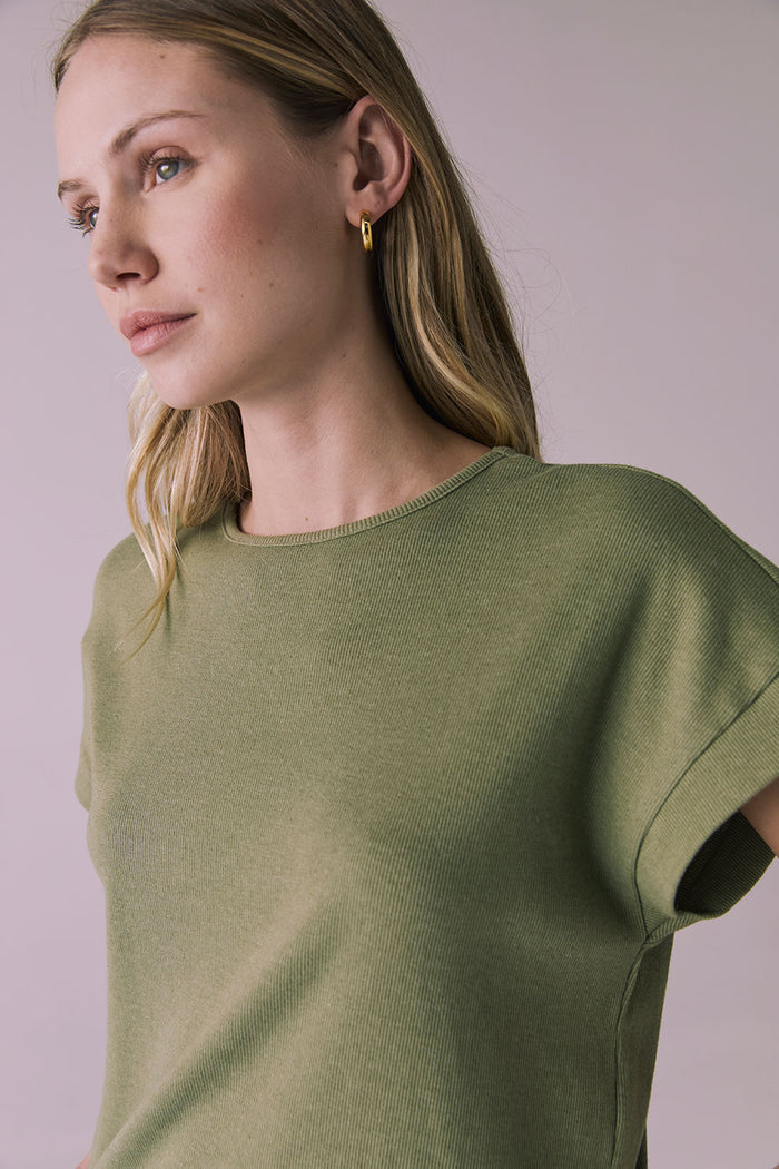 Close-up of Chaser Brand Liza Meadow Green Tee highlighting fine ribbed texture and crew neckline