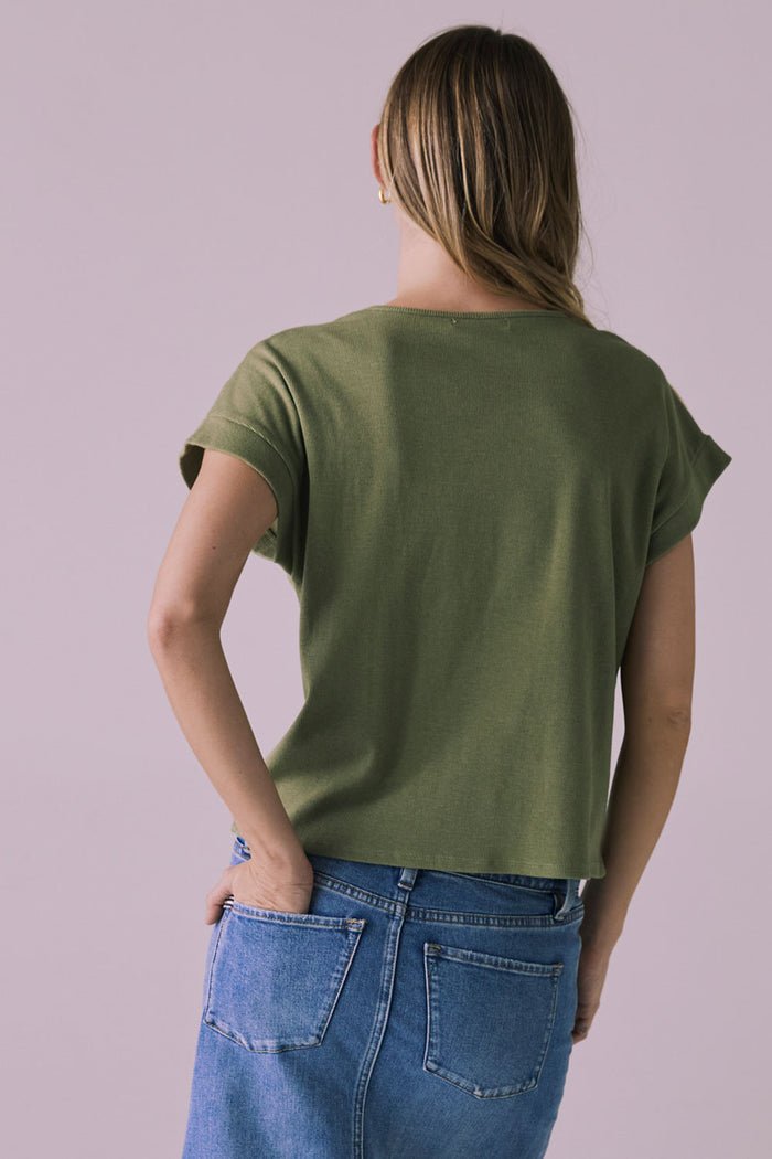 Back view of Chaser Brand Liza Meadow Green Tee showing rolled sleeve detail and straight hemline