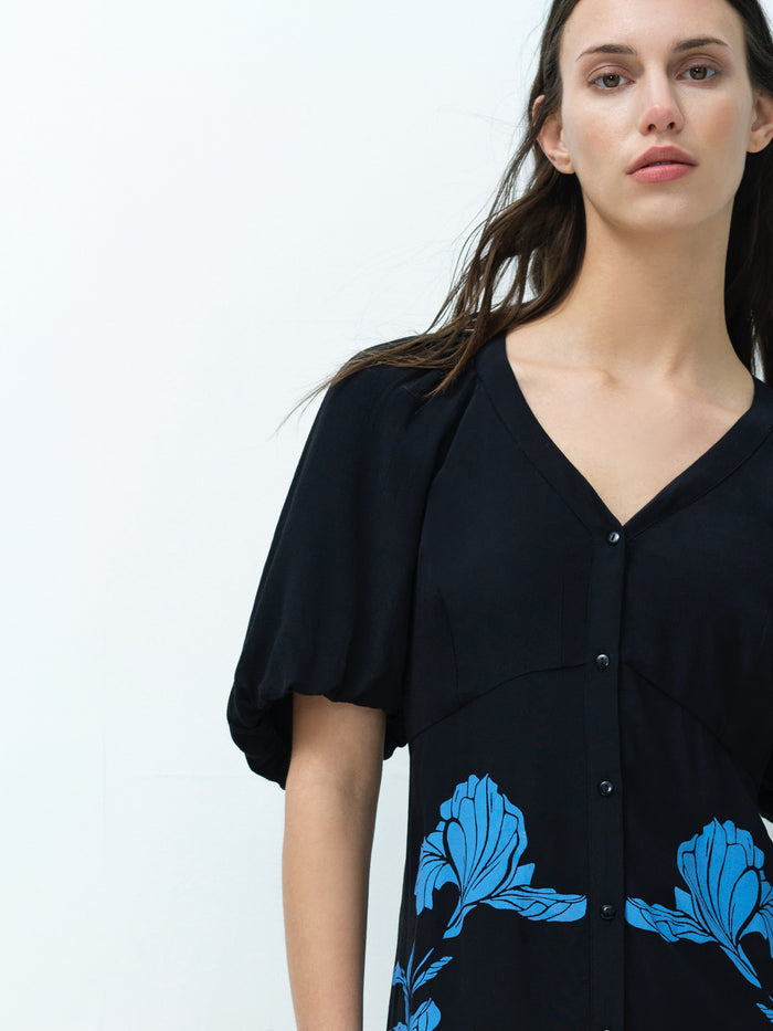 Lizzy Eco Blue Floral Button-Through Midi Dress