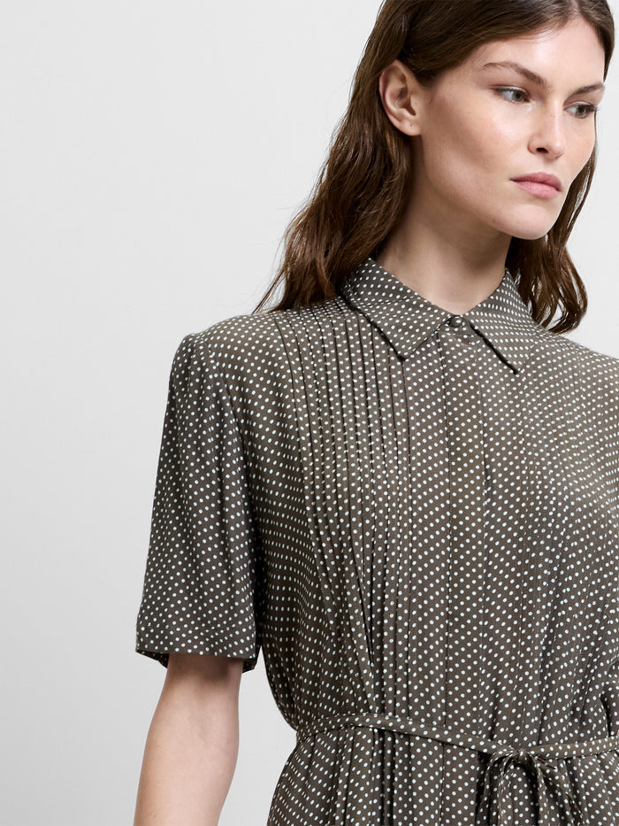 Lizzy Eco Pin Spots Pleated Khaki Mini Shirt Dress