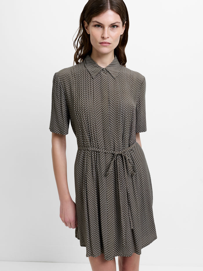 Lizzy Eco Pin Spots Pleated Khaki Mini Shirt Dress