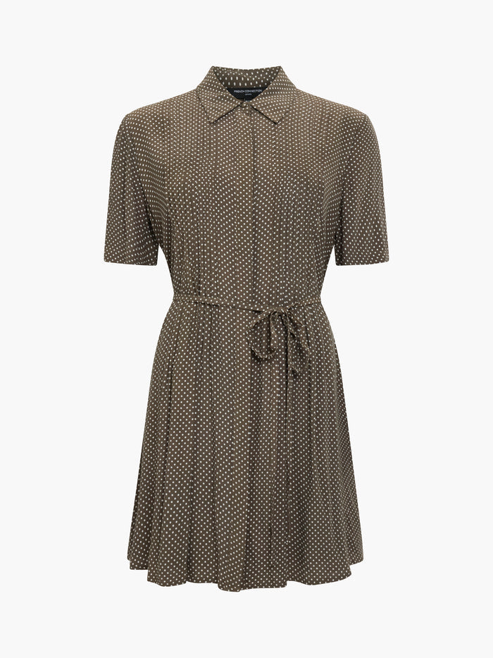 Lizzy Eco Pin Spots Pleated Khaki Mini Shirt Dress
