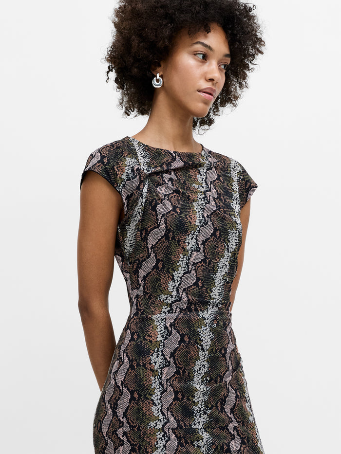Lola Snakeskin Ruched Mesh Midi Dress