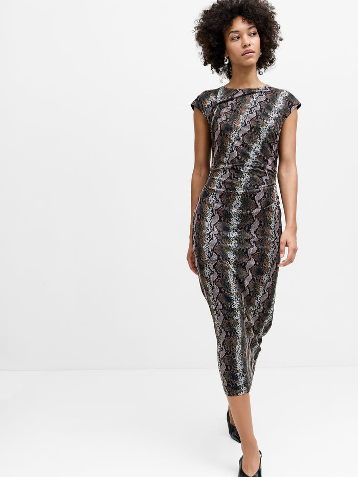Lola Snakeskin Ruched Mesh Midi Dress