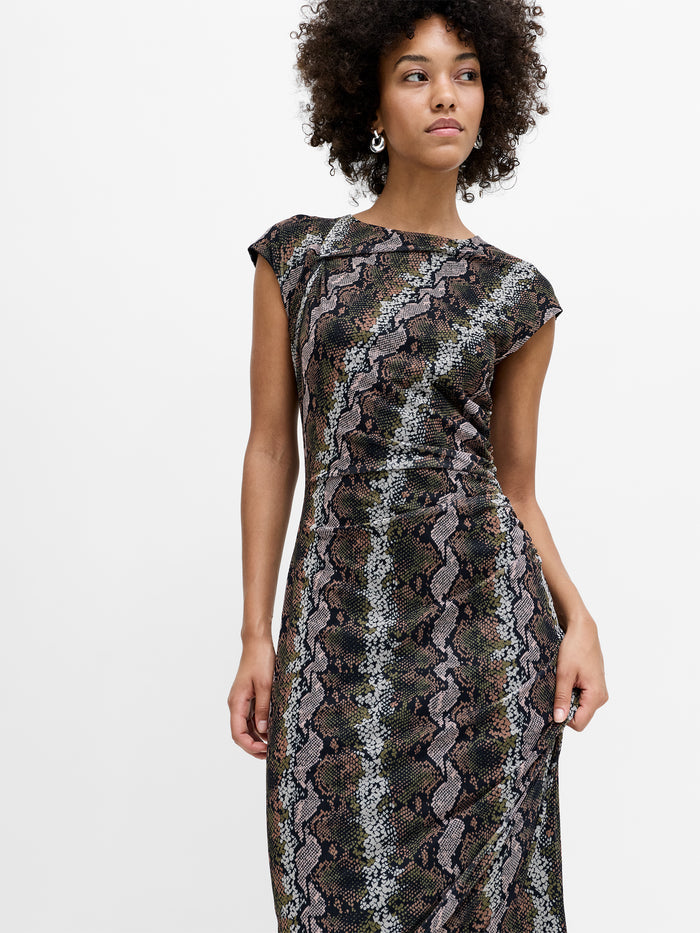 Lola Snakeskin Ruched Mesh Midi Dress