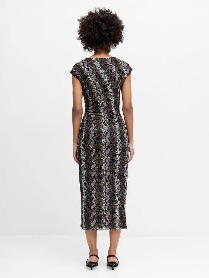 Lola Snakeskin Ruched Mesh Midi Dress