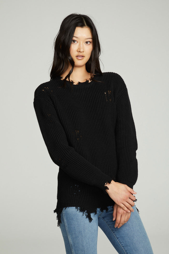 Long Sleeve Crew Neck Deconstructed Sweater Pullover WOMENS chaserbrand