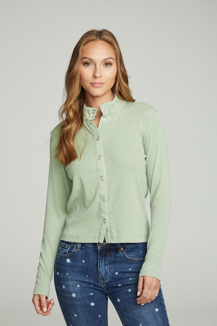 Long Sleeve Snap Front Mock Neck Tee WOMENS chaserbrand
