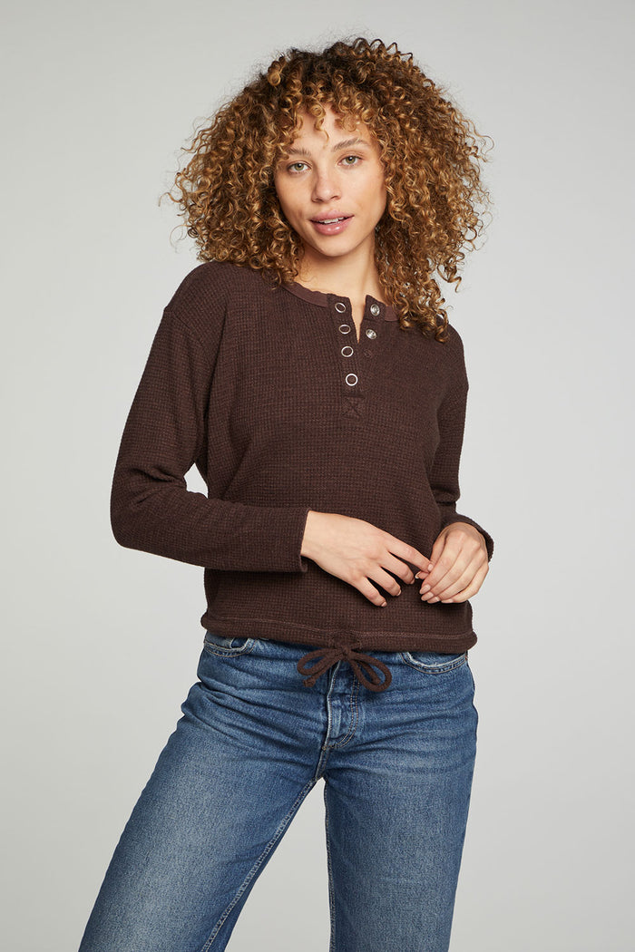 Long Sleeve Snap Henley Drawstring Waist Tee WOMENS chaserbrand