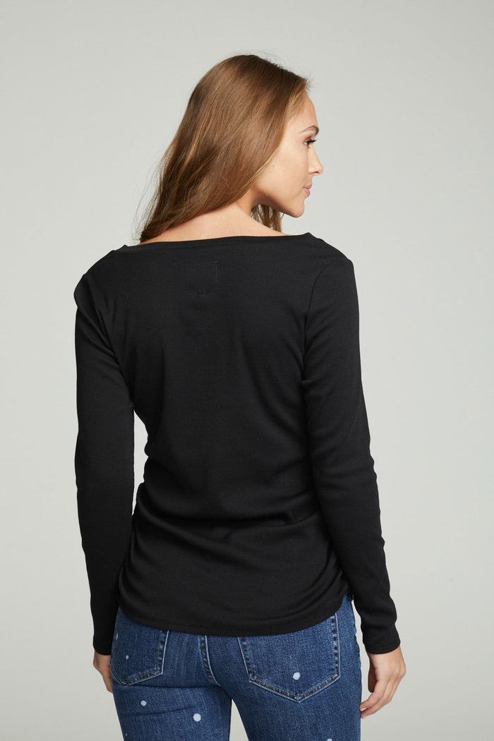 Long Sleeve Split Neck Rouched Side Tee WOMENS chaserbrand