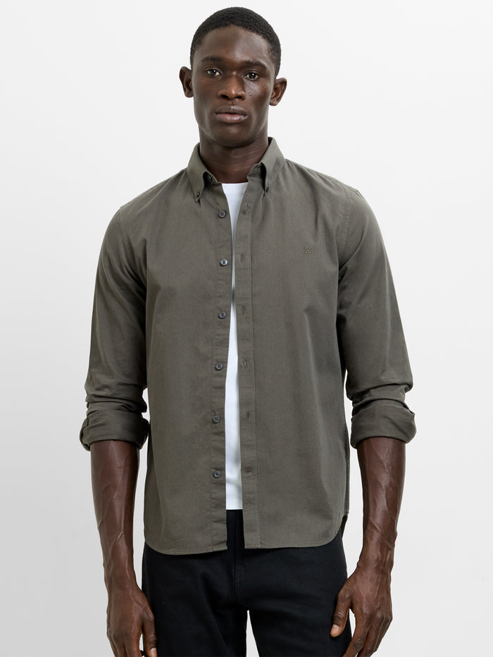Long Sleeve Twill Khaki Green Oxford Shirt