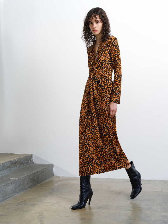 Lottie Textured Leopard Print V Neck Midi Dress