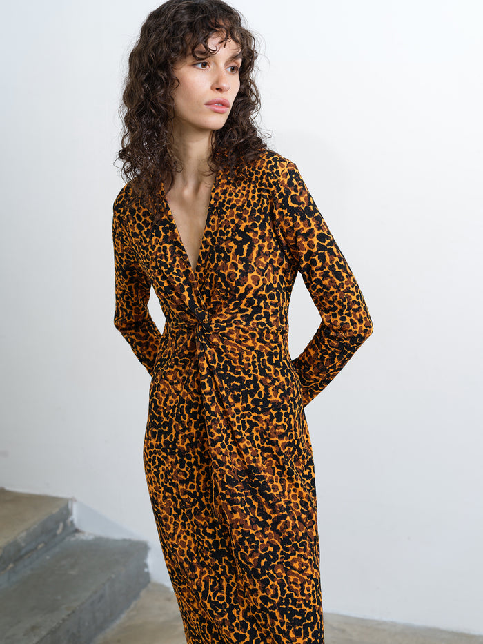 Lottie Textured Leopard Print V Neck Midi Dress